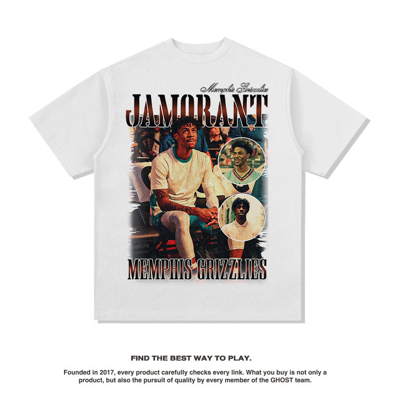 Nba T Shirt Summer Vintage Print Short Sleeves T-shirt Heavy Cotton Washed Distressed Top for Men