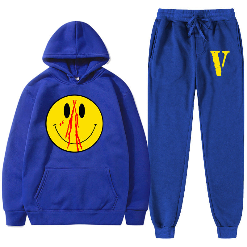 Vlone Hoodie & Pants 2 Piece Men'S Spring And Autumn Print Smiley Pullover Sweater