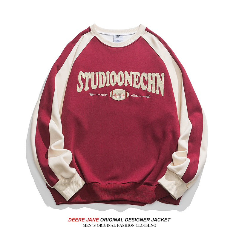 Men Pullover Hoodie Spring Patchwork Sweater Men Couple Letters round Neck Loose All-Match