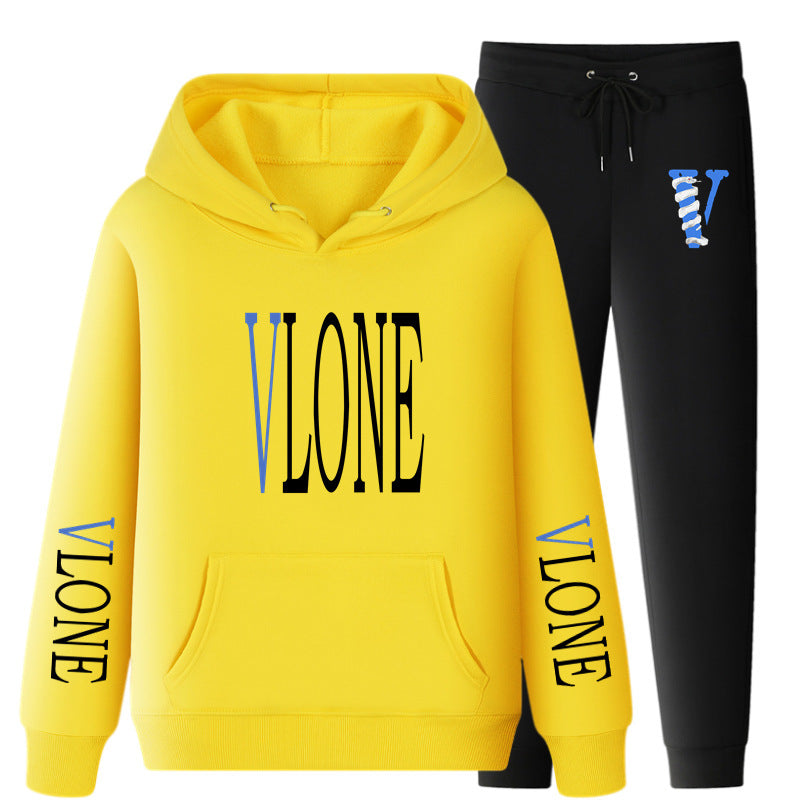Vlone Hoodie & Pants 2 Piece Set Printed Casual Sports Loose Suit