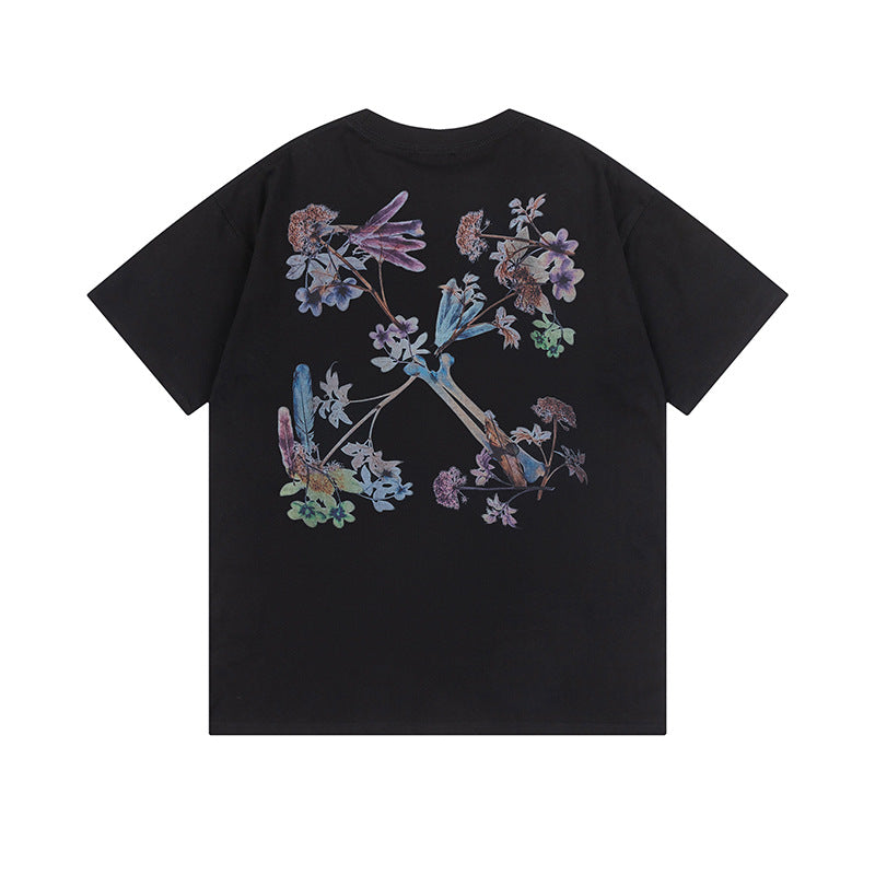 Off White T Shirts OW Botanical Flower Pattern Crew Neck Pullover Short Sleeves