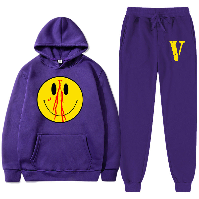 Vlone Hoodie & Pants 2 Piece Men'S Spring And Autumn Print Smiley Pullover Sweater