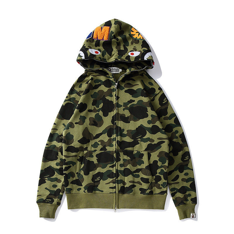 Bathing Ape Autumn and Winter Men's and Women's Pure Cotton Shark Head 3D Camouflage Printing Brushed Hoody Hoodie