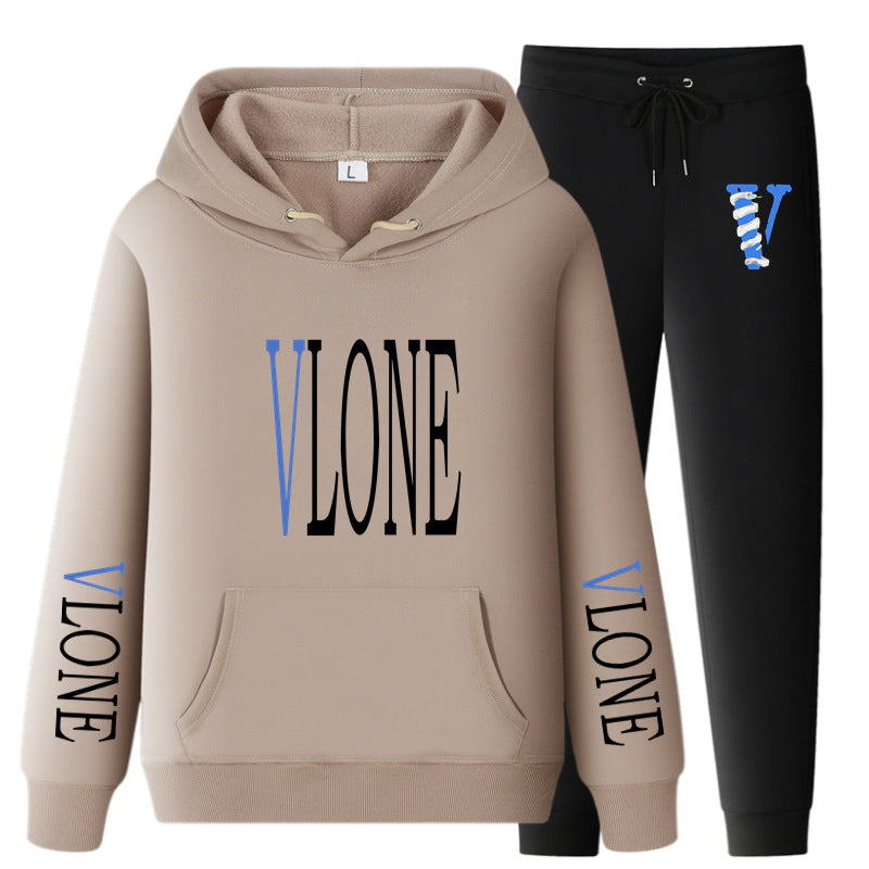 Vlone Hoodie & Pants 2 Piece Set Printed Casual Sports Loose Suit