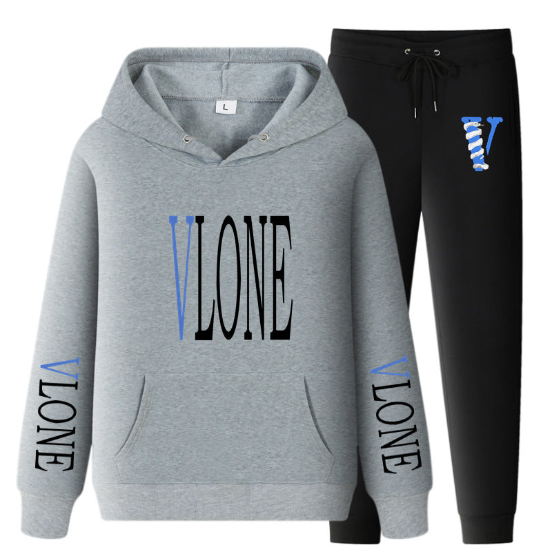 Vlone Hoodie & Pants 2 Piece Set Printed Casual Sports Loose Suit