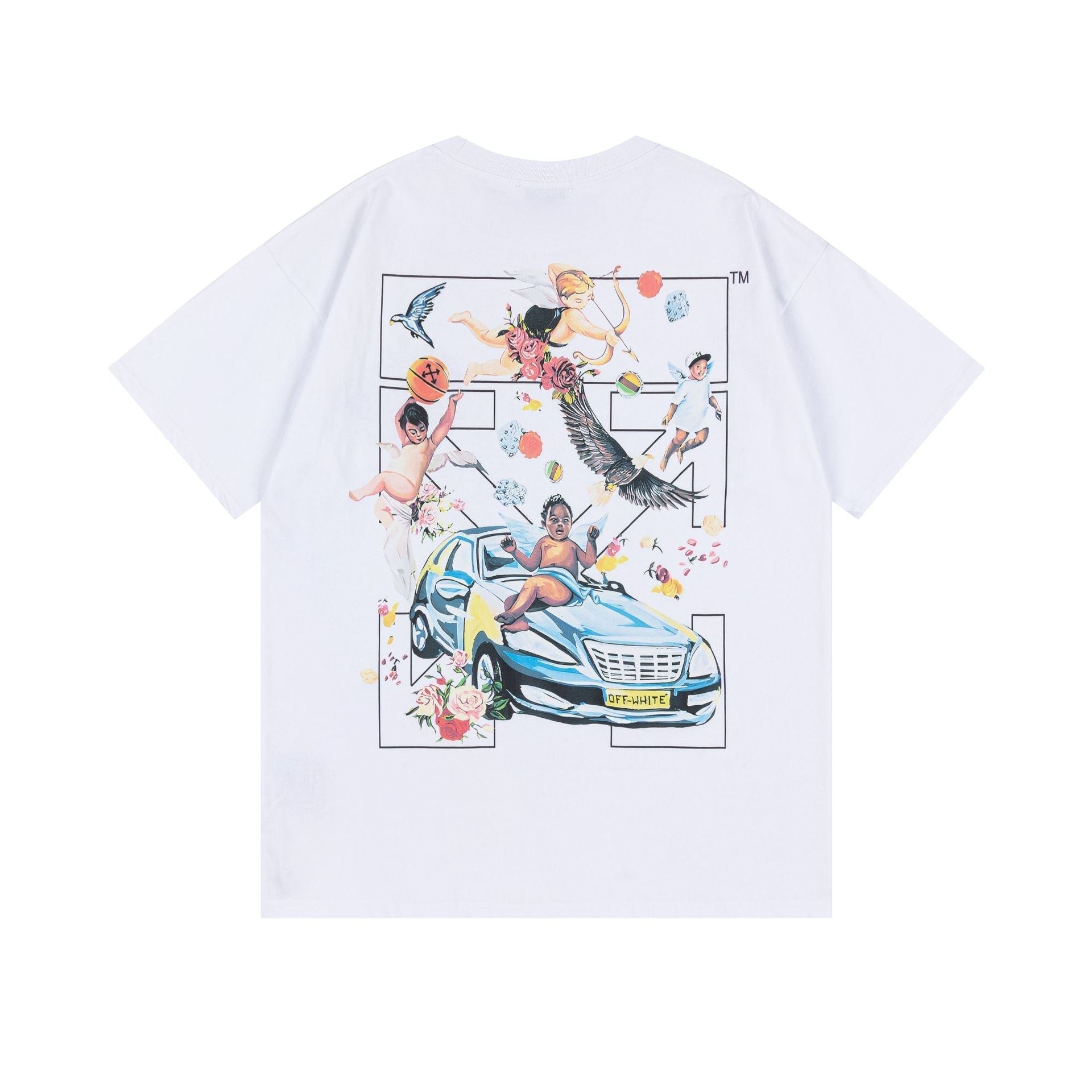 Off White T Shirts OW Angel Car Pattern Crew Neck Pullover Short Sleeves