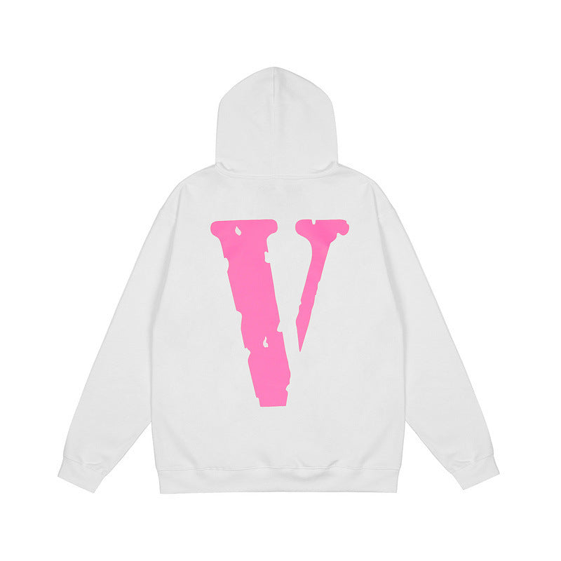 Vlone Hoodie Autumn And Winter Pink Big V Ribbed Pattern At Hem Terry Hoodie