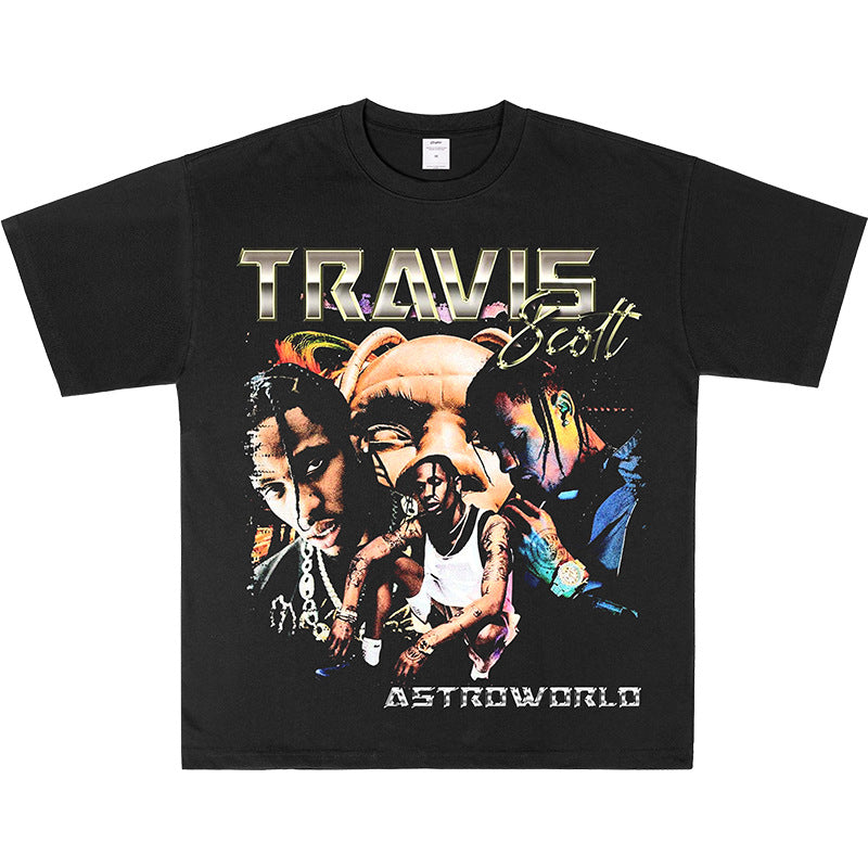 Asap Rocky T Shirts ASAP Travis Scott Print Short Sleeve Vintage Loose T-Shirt