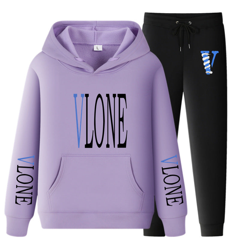 Vlone Hoodie & Pants 2 Piece Set Printed Casual Sports Loose Suit