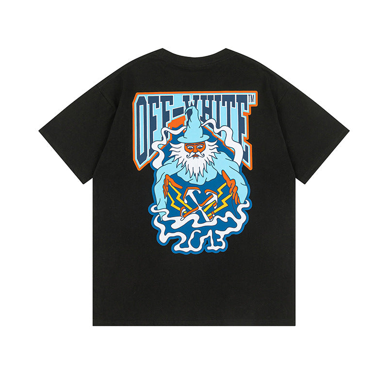 Off White T Shirts OW Cartoon Wizard Pattern Crew Neck Pullover Short Sleeves