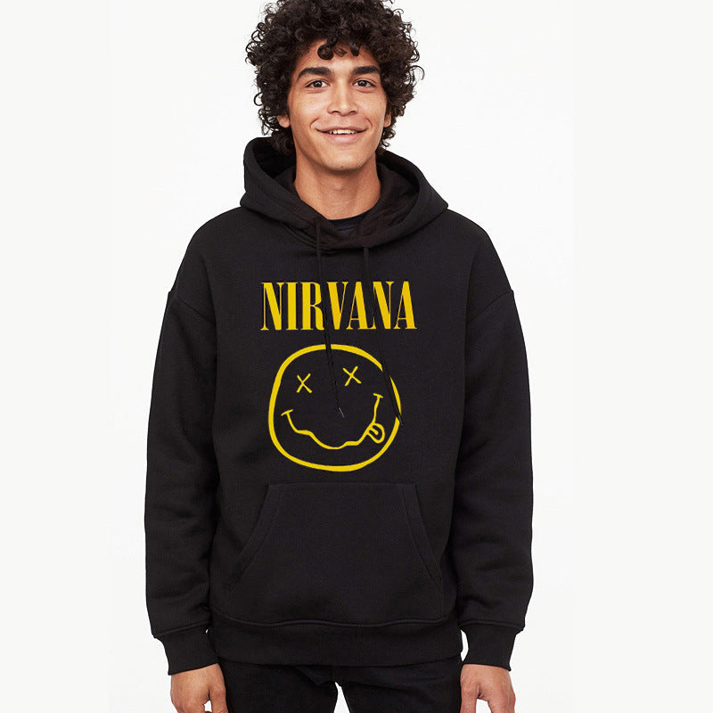 Nirvana Hoodie Hip Hop Retro Smiling Face Velvet Padded Hooded Sweatshirt Fog