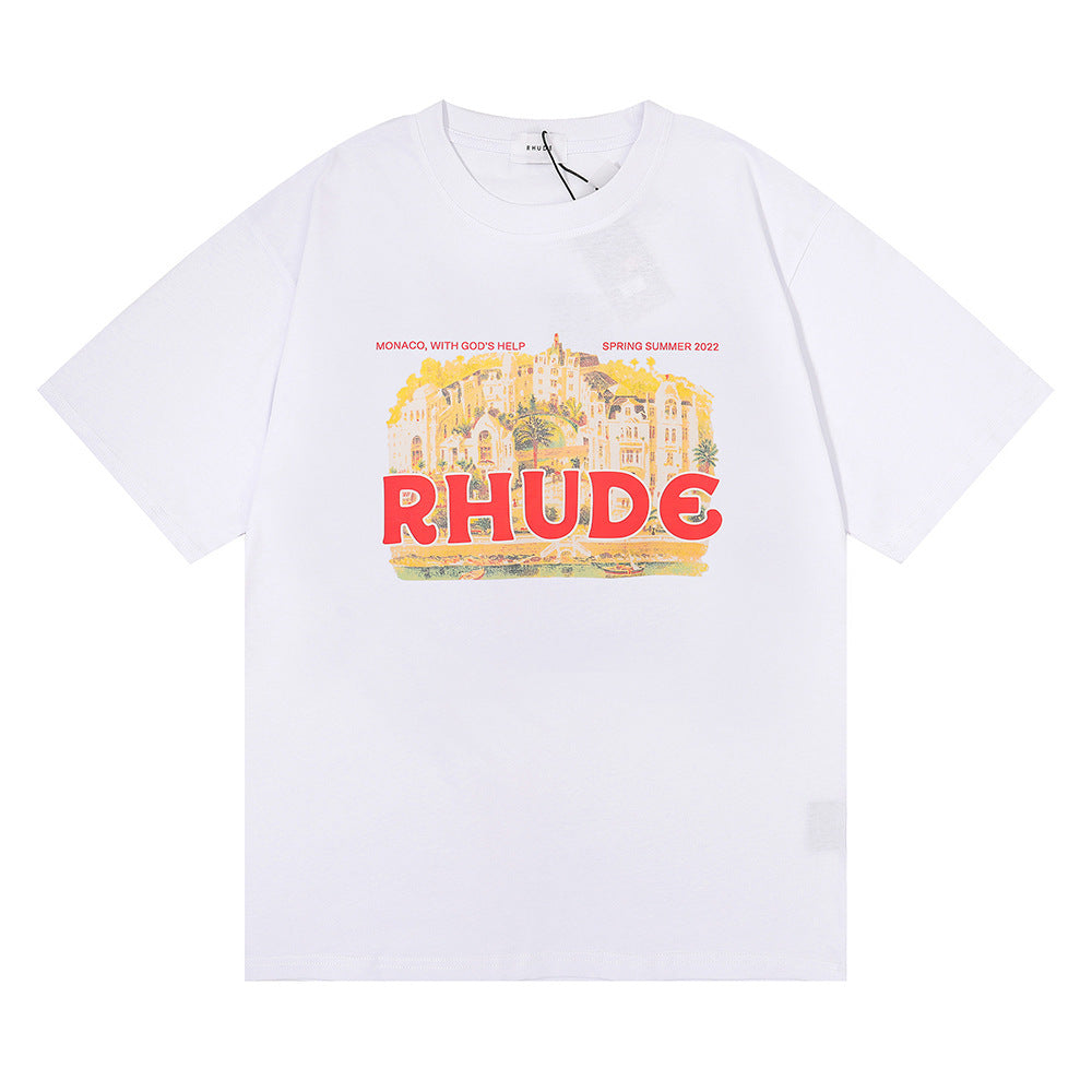 Rhude T Shirt Micro Label Castle Letter Logo Pattern Short Sleeve T-Shirt Loose