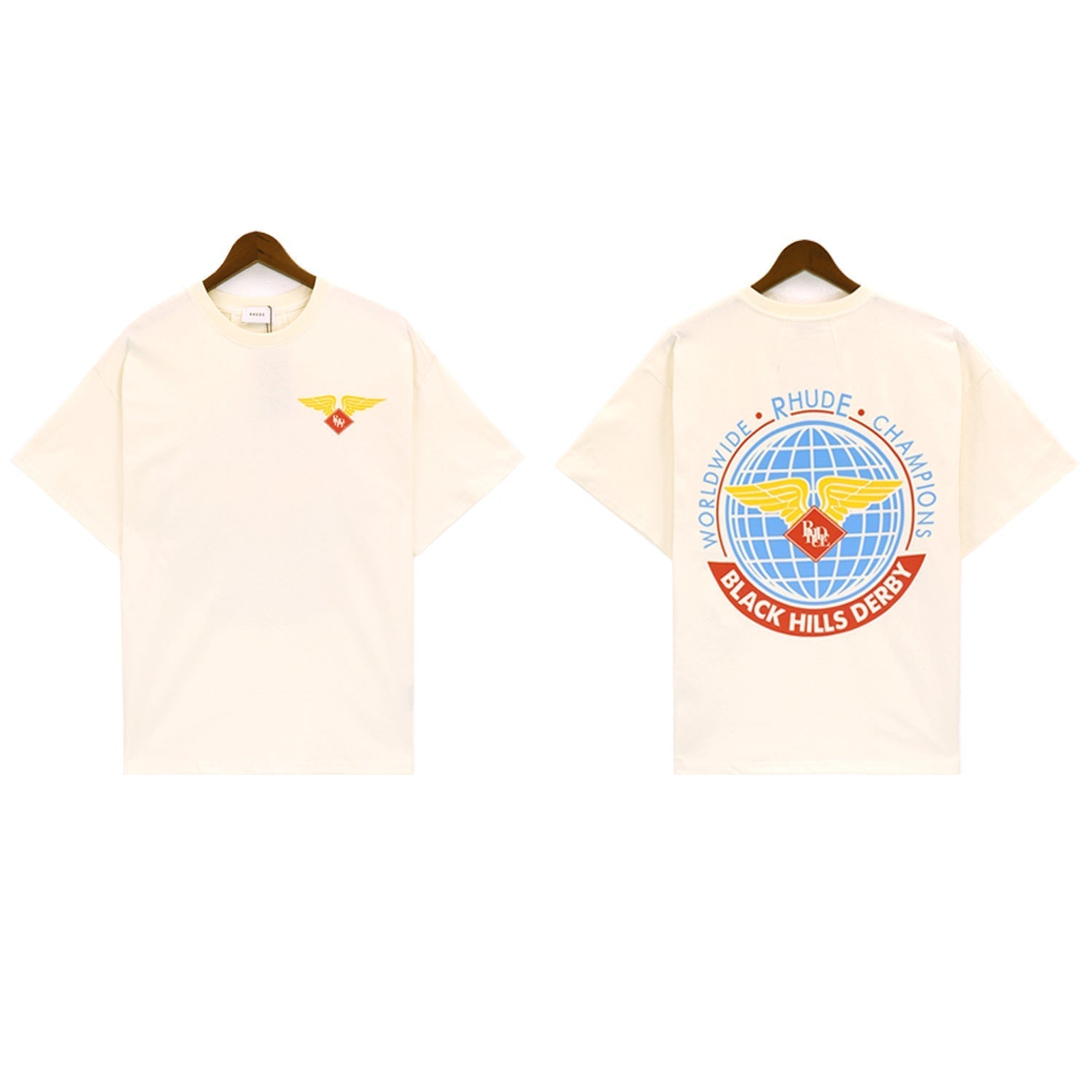 Rhude T Shirt Label Wings Alphabet Earth Print Short Sleeve T-Shirt