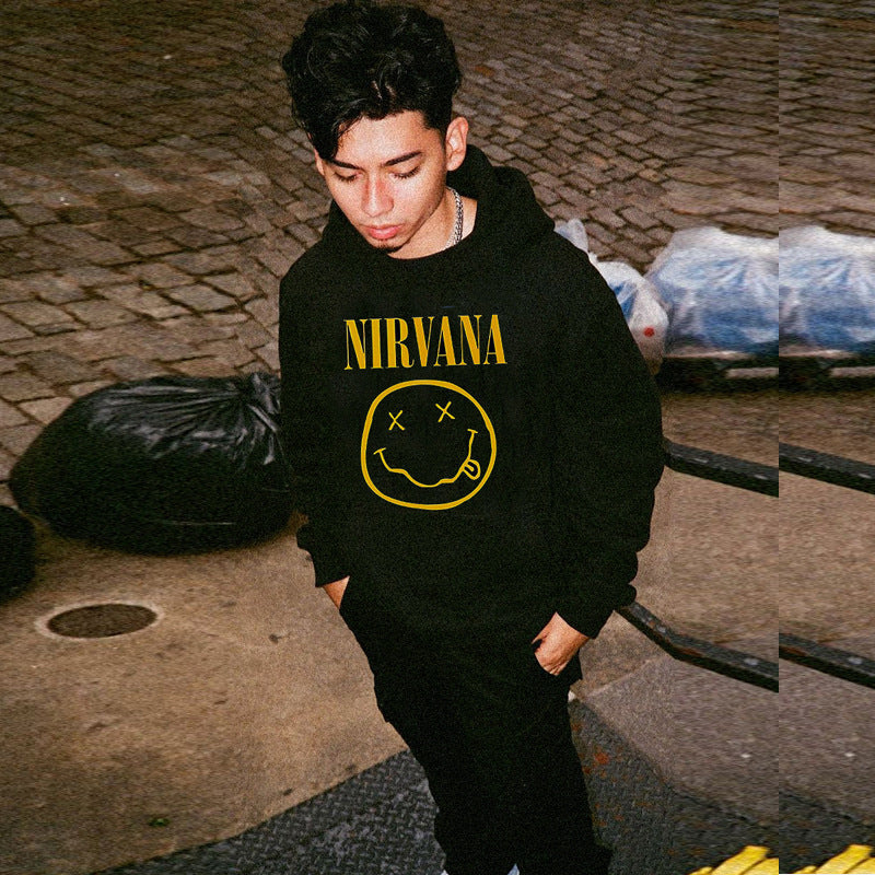 Nirvana Hoodie Hip Hop Retro Smiling Face Velvet Padded Hooded Sweatshirt Fog