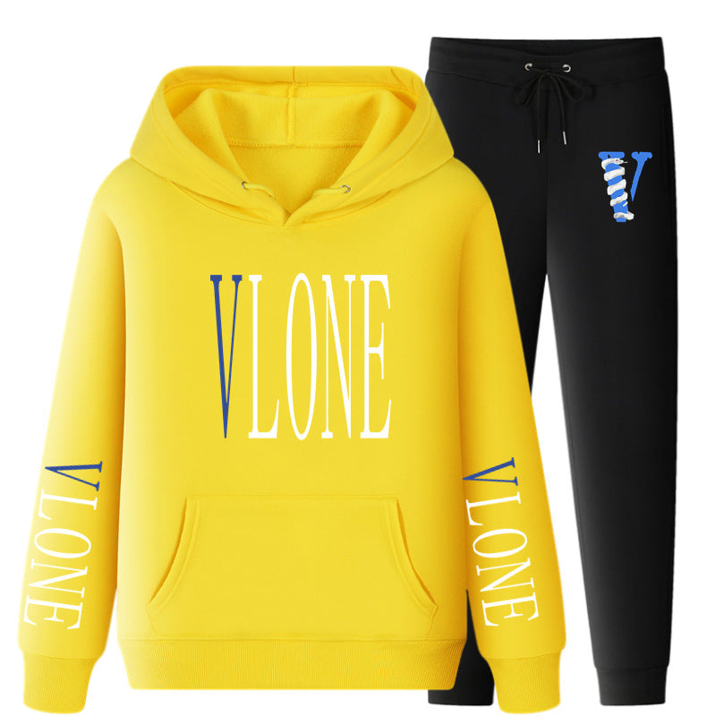 Vlone Hoodie & Pants 2 Piece Set Printed Casual Sports Loose Suit