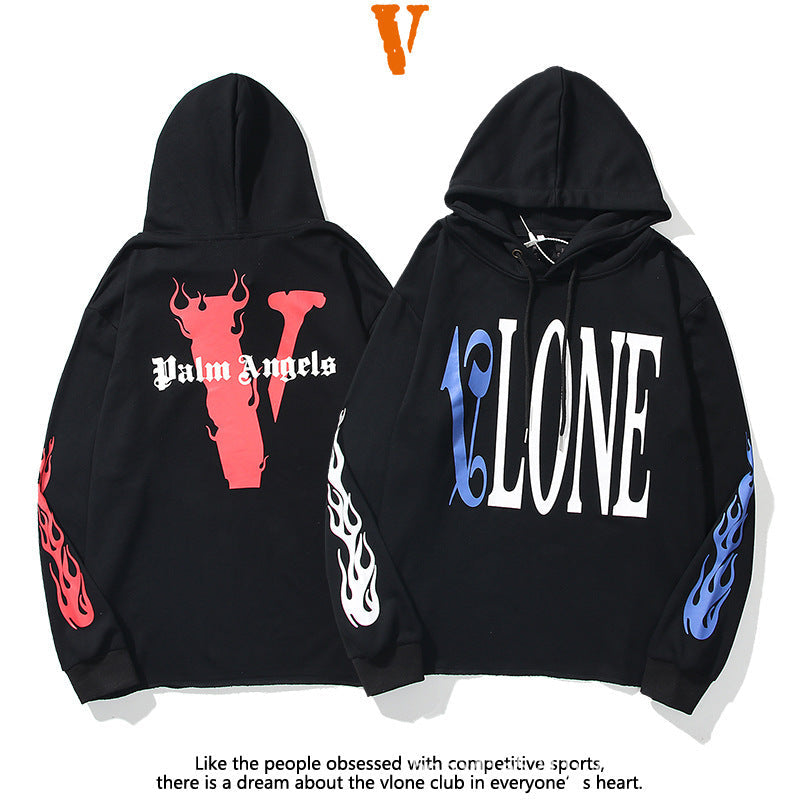 Vlone Hoodie Big V Flame Big Letter Velvet Padded Hooded Sweatshirt