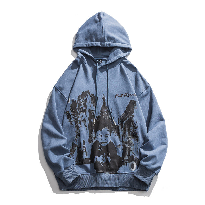 Man Fall Outfis Autumn Hip Hop Printed Hoodie Loose Top
