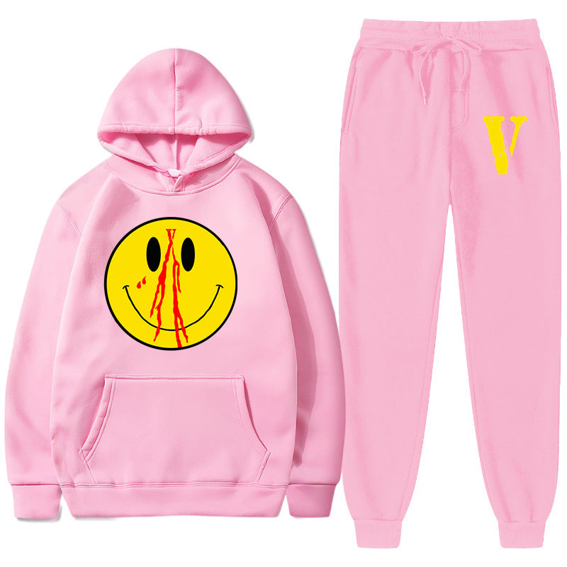 Vlone Hoodie & Pants 2 Piece Men'S Spring And Autumn Print Smiley Pullover Sweater