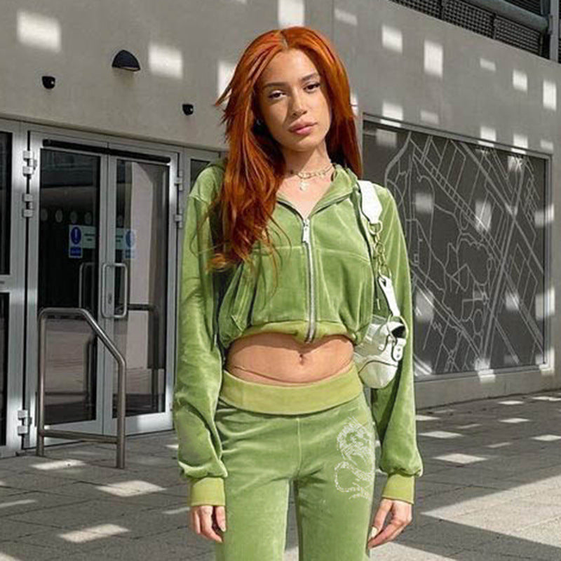 Velour Tracksuit Sports Style Green Velvet Hoodie and Hot Drilling Velvet Pants