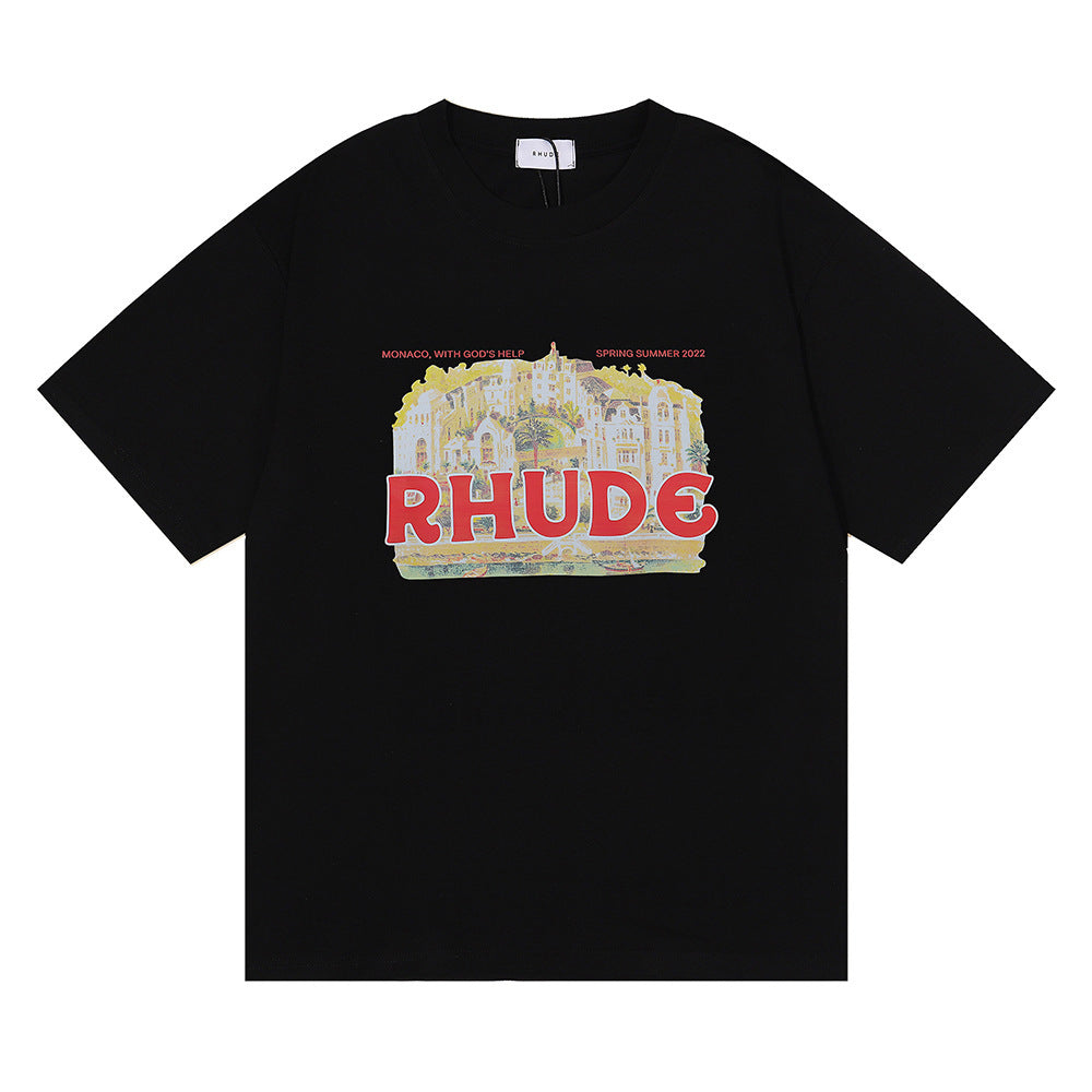 Rhude T Shirt Micro Label Castle Letter Logo Pattern Short Sleeve T-Shirt Loose