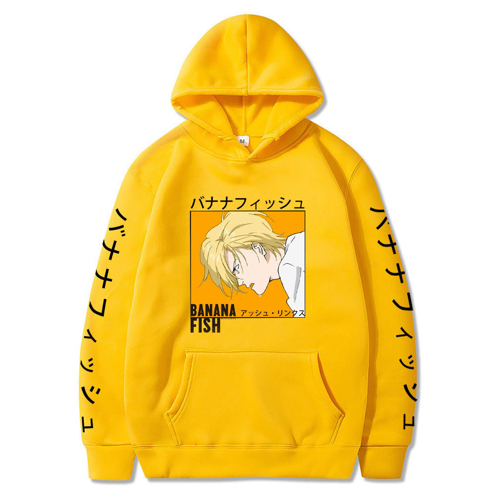 Anime Hoddies Banana Fish Print Loose Hoodie Velvet Padded Hooded Sweatshirt Men and Women