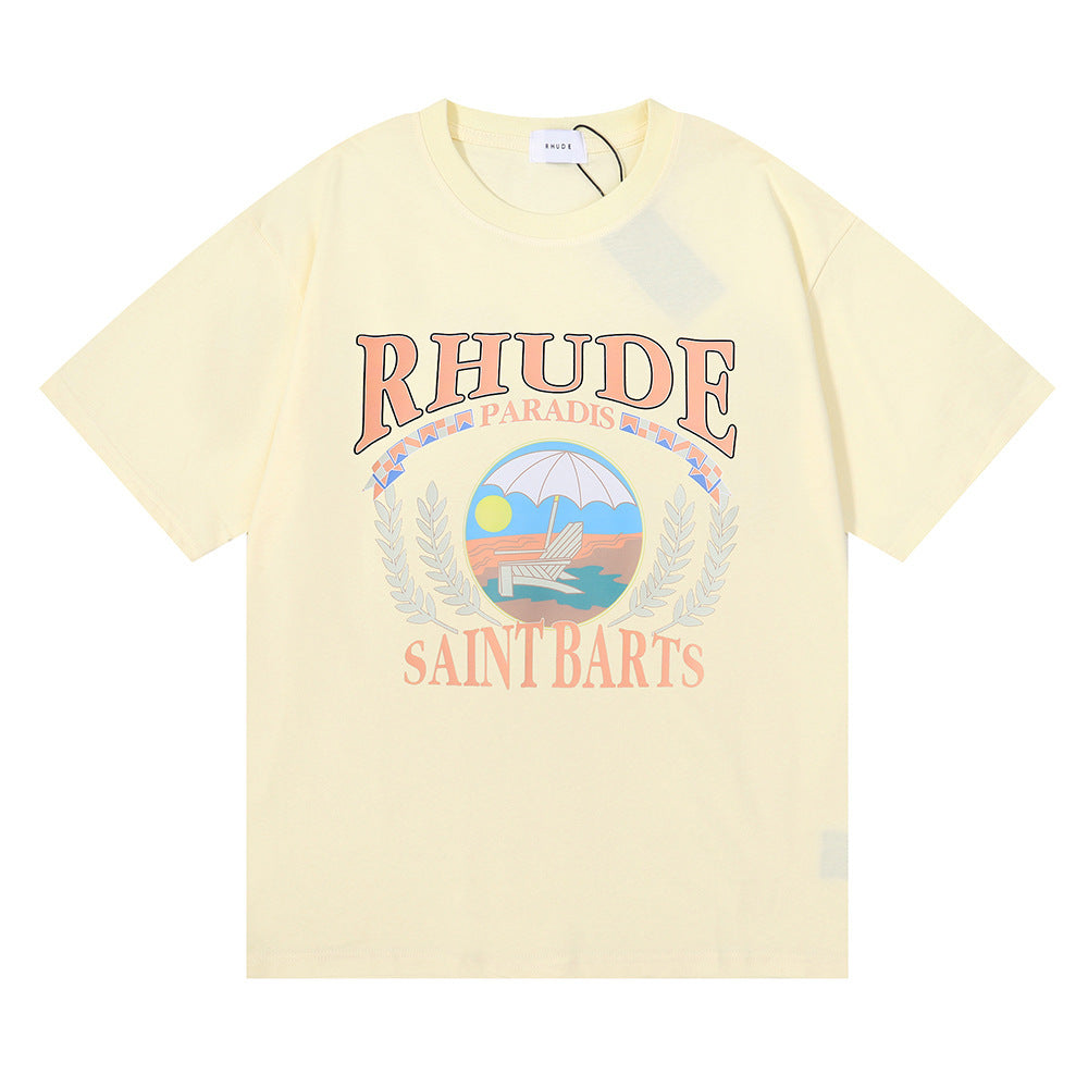 Rhude T Shirt Wheat Ear Sunset Beach Pattern Printed Short Sleeve T-Shirt