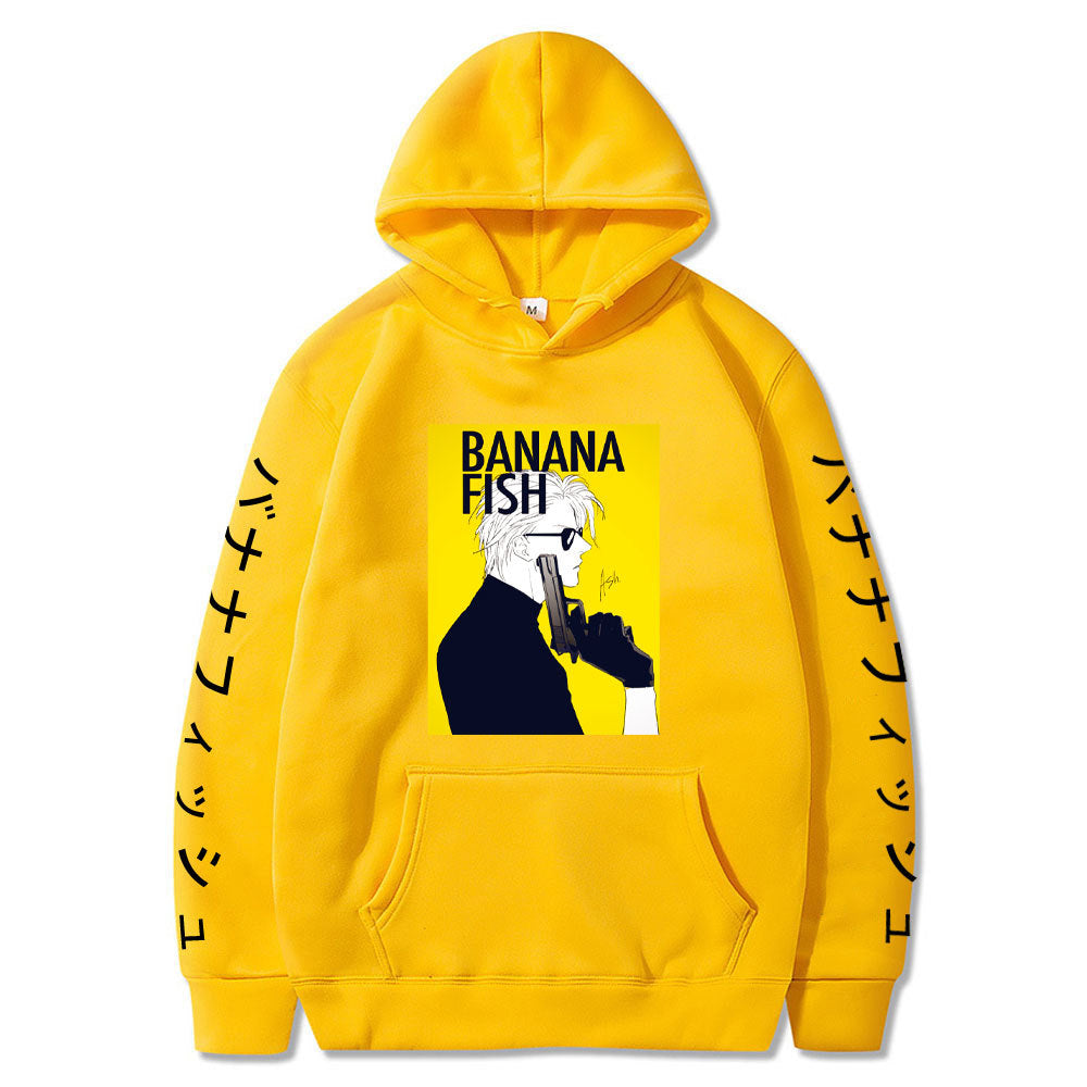 Anime Hoddies Banana Fish Print Loose Hoodie Velvet Padded Hooded Sweatshirt Men and Women