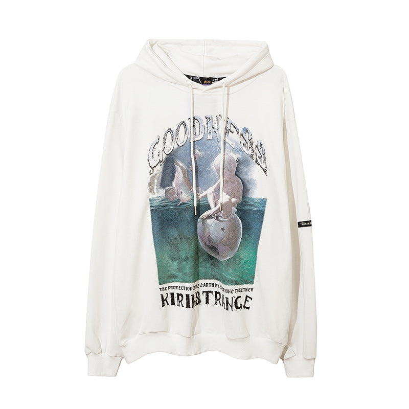 Man Fall Outfits Hip Hop Printed Hoodie Men's and Women's Pullover Black White Autumn and Winter