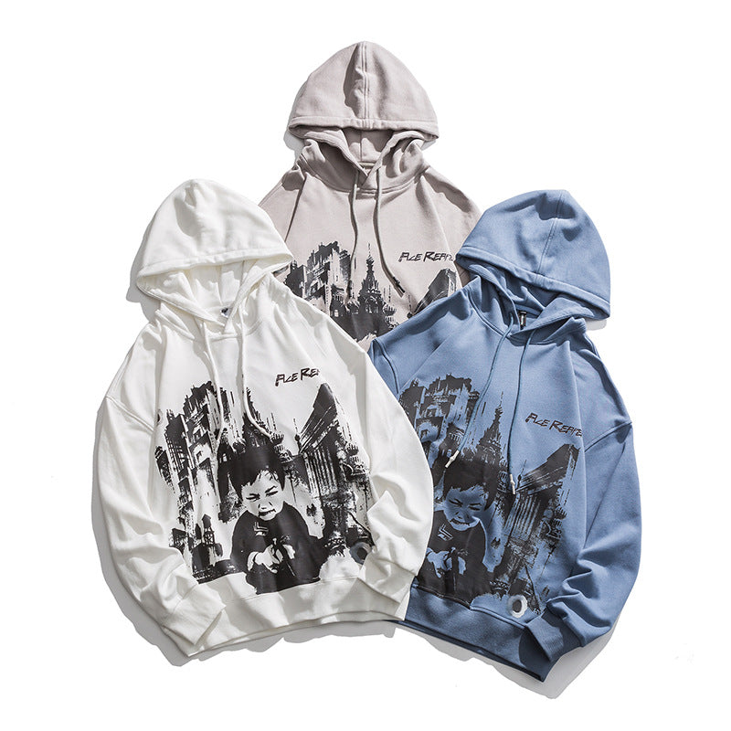 Man Fall Outfis Autumn Hip Hop Printed Hoodie Loose Top