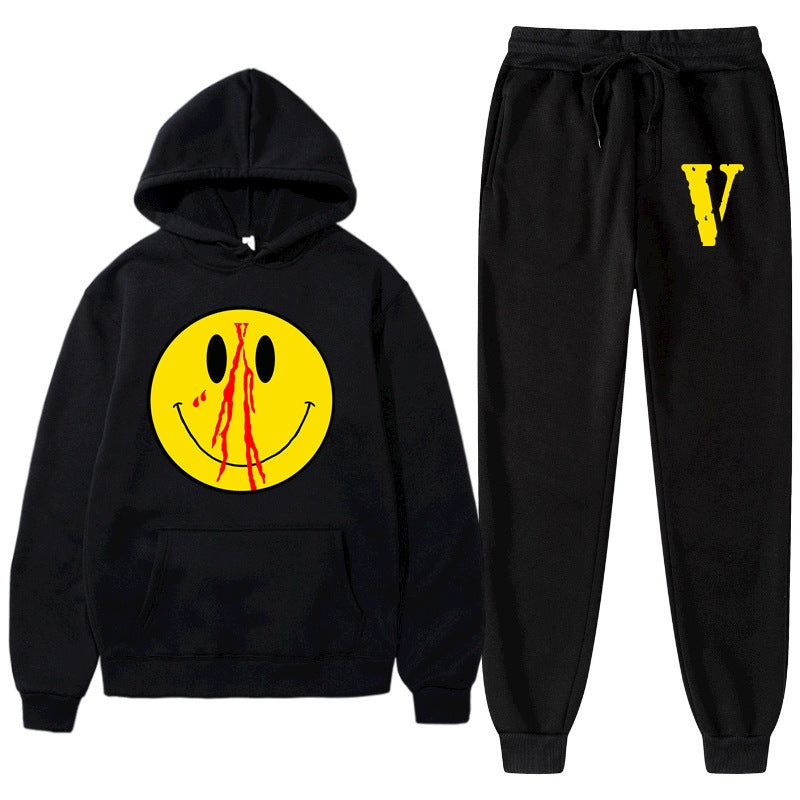 Vlone Hoodie & Pants 2 Piece Men'S Spring And Autumn Print Smiley Pullover Sweater