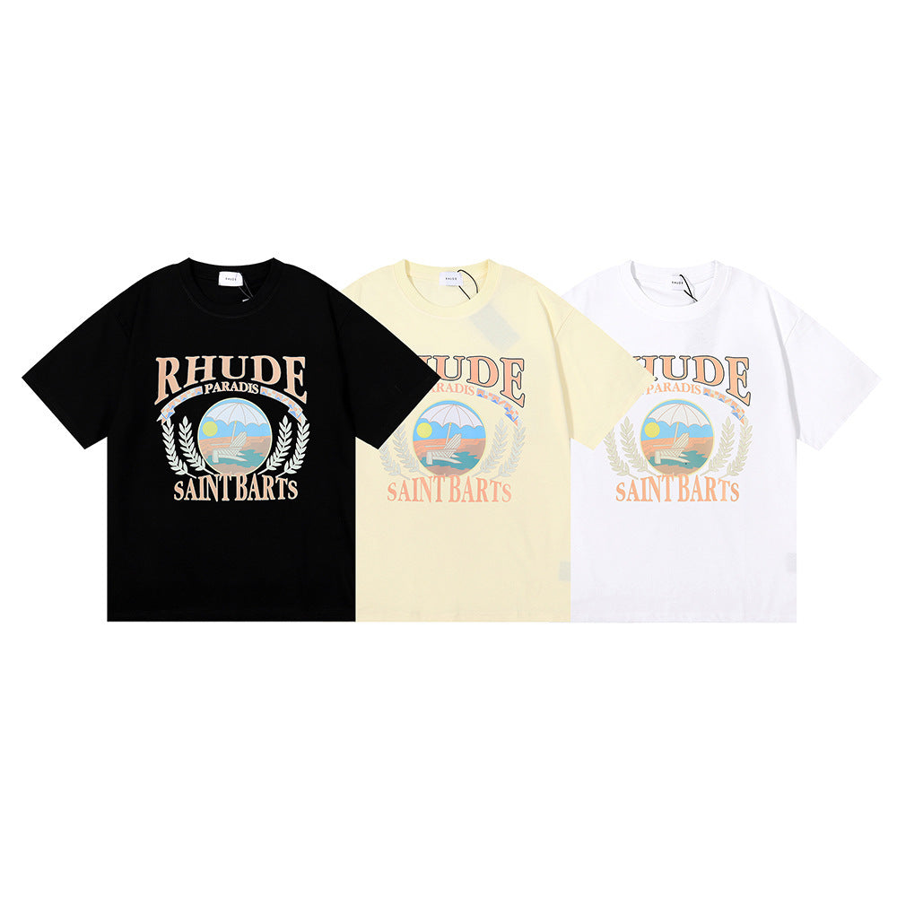 Rhude T Shirt Wheat Ear Sunset Beach Pattern Printed Short Sleeve T-Shirt