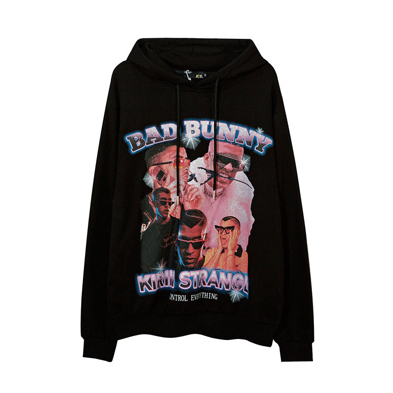 Man Fall Outfits Hip Hop Printed Hoodie Men's and Women's Pullover Black White Autumn and Winter