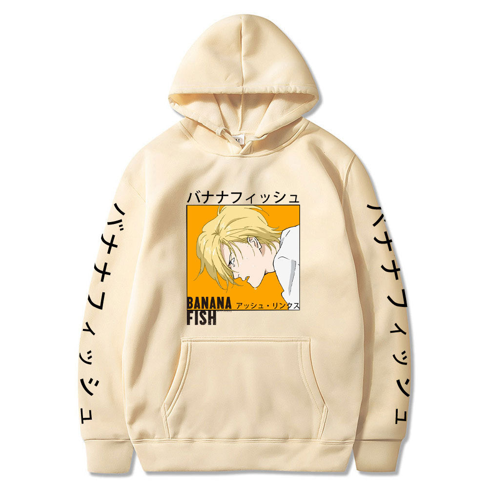 Anime Hoddies Banana Fish Print Loose Hoodie Velvet Padded Hooded Sweatshirt Men and Women