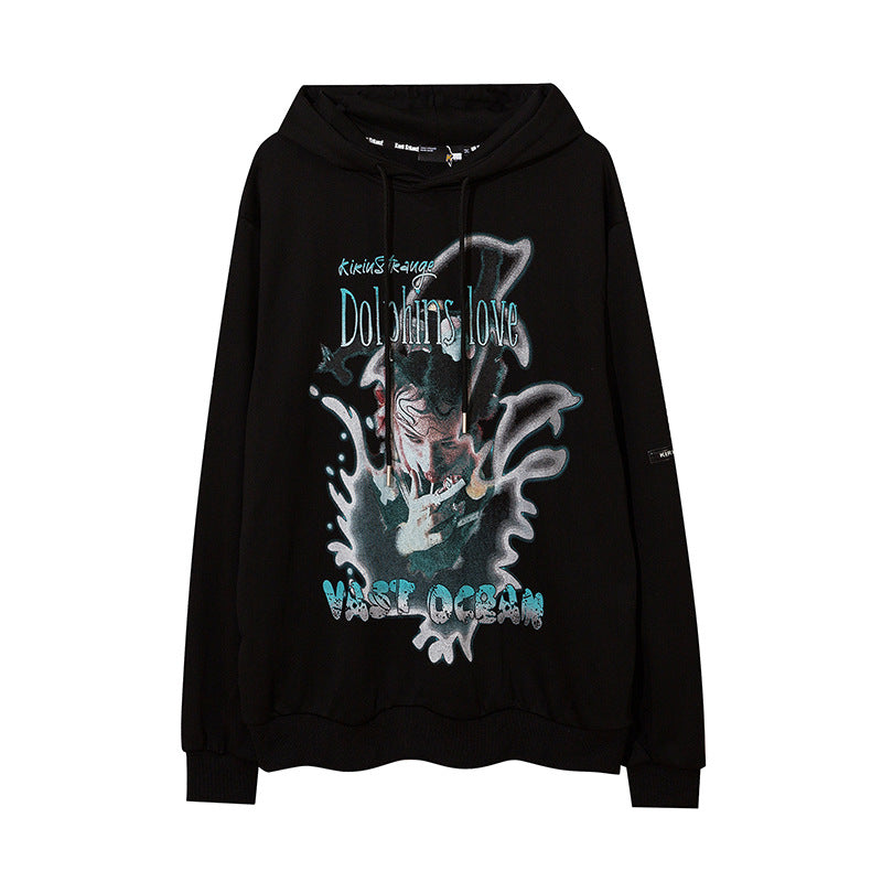 Man Fall Outfits Hip Hop Printed Hoodie Men's and Women's Pullover Black White Autumn and Winter