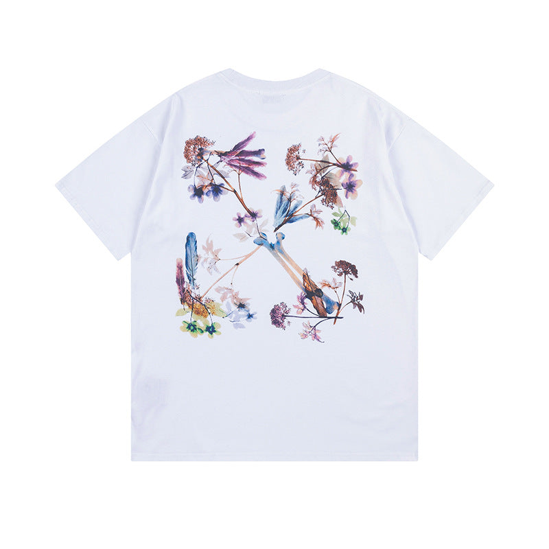 Off White T Shirts OW Botanical Flower Pattern Crew Neck Pullover Short Sleeves