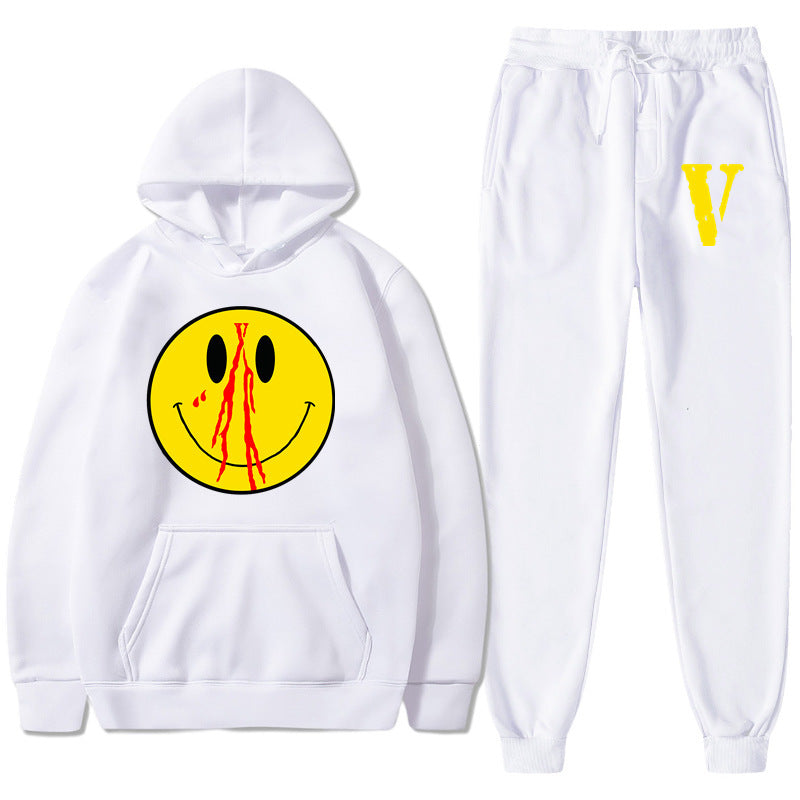 Vlone Hoodie & Pants 2 Piece Men'S Spring And Autumn Print Smiley Pullover Sweater