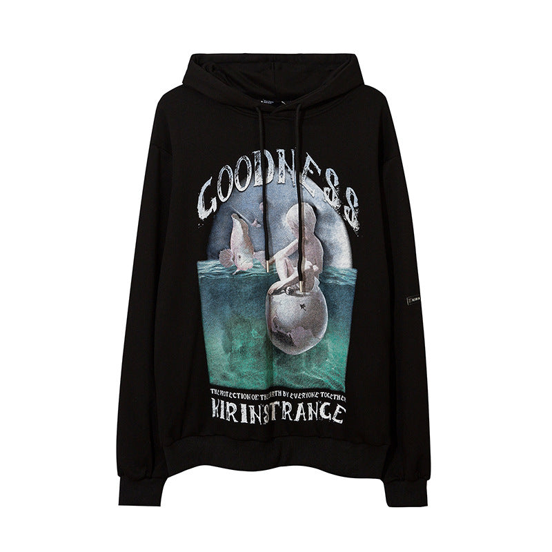 Man Fall Outfits Hip Hop Printed Hoodie Men's and Women's Pullover Black White Autumn and Winter