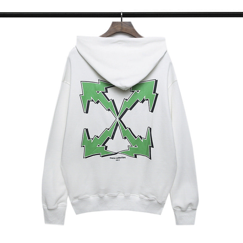 off White Hoodie Green Arrow Print Pullover Loose Hooded Sweater