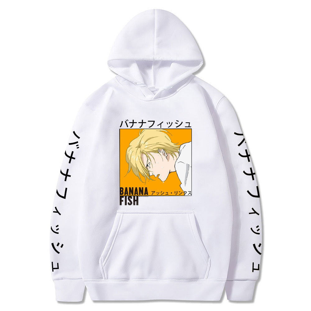 Anime Hoddies Banana Fish Print Loose Hoodie Velvet Padded Hooded Sweatshirt Men and Women