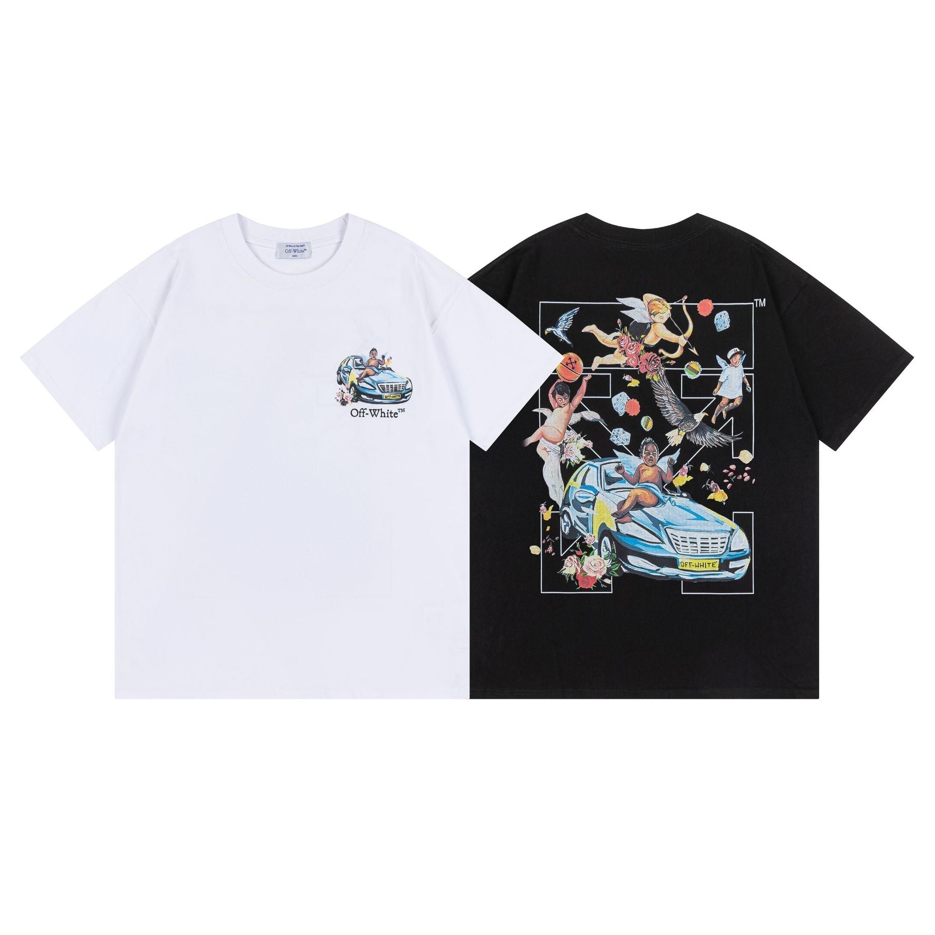 Off White T Shirts OW Angel Car Pattern Crew Neck Pullover Short Sleeves