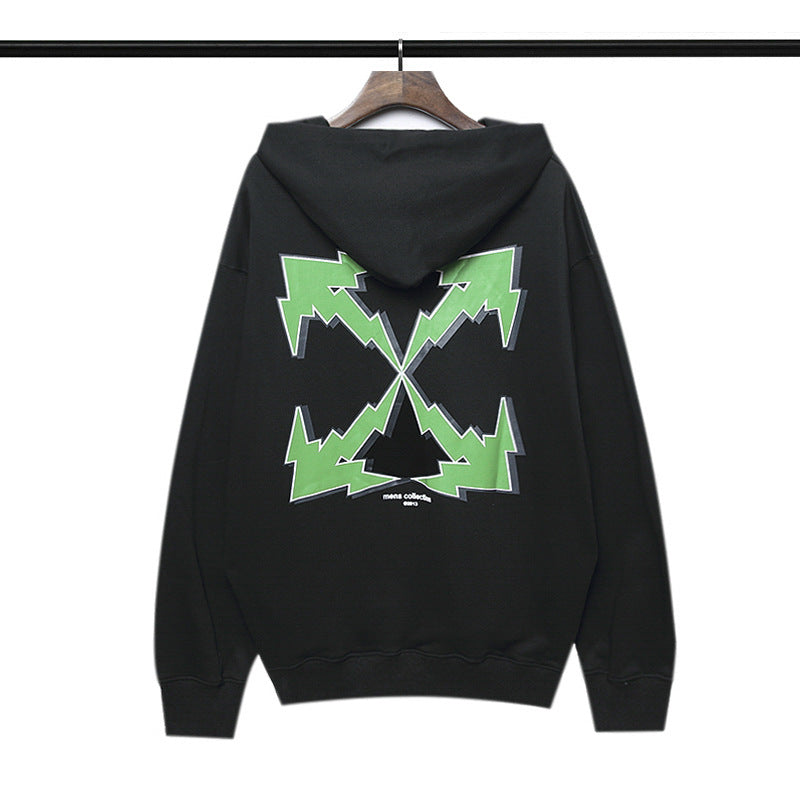 off White Hoodie Green Arrow Print Pullover Loose Hooded Sweater