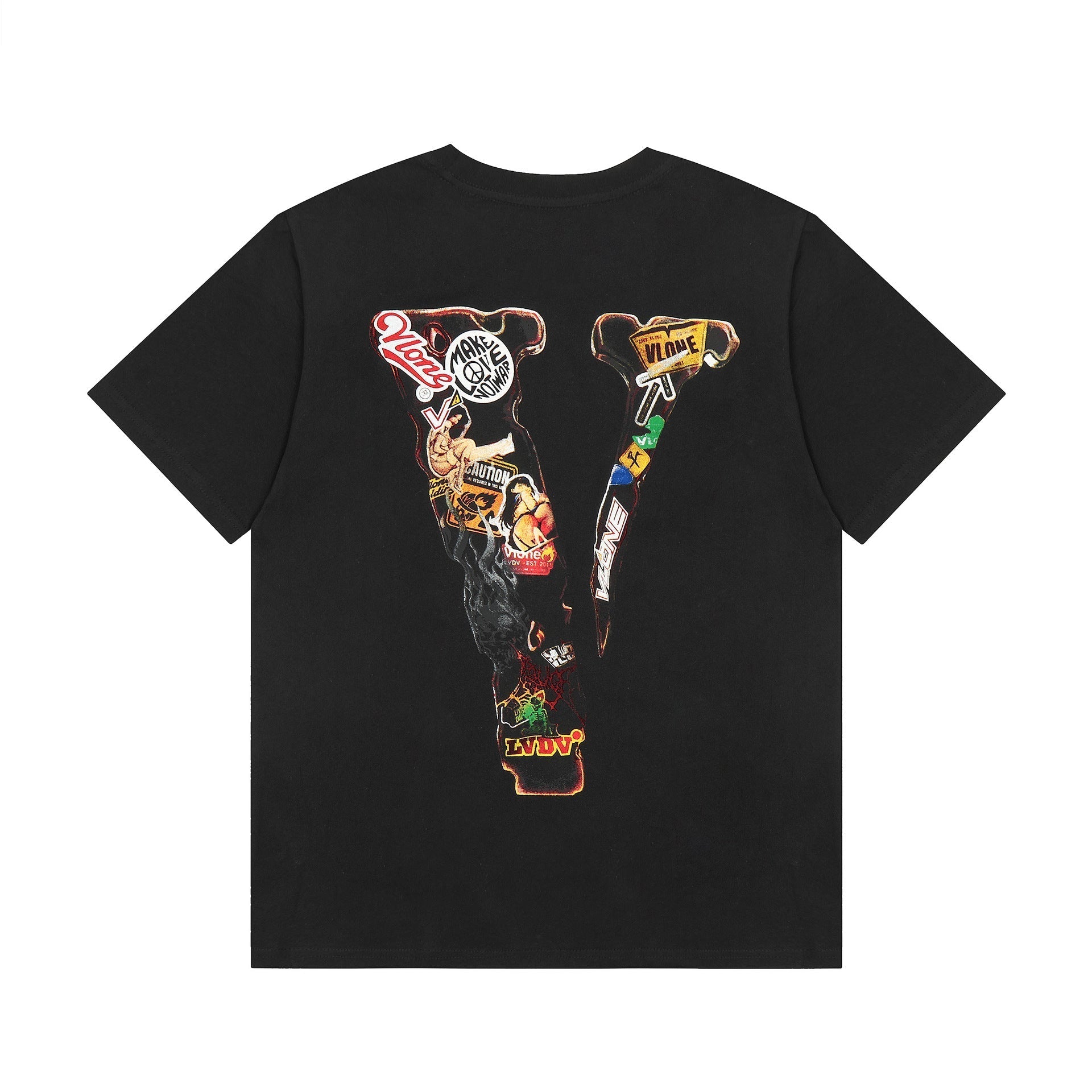 Vlone T Shirt Spring Summer Cartoon Pattern Big V Letter Crew Neck