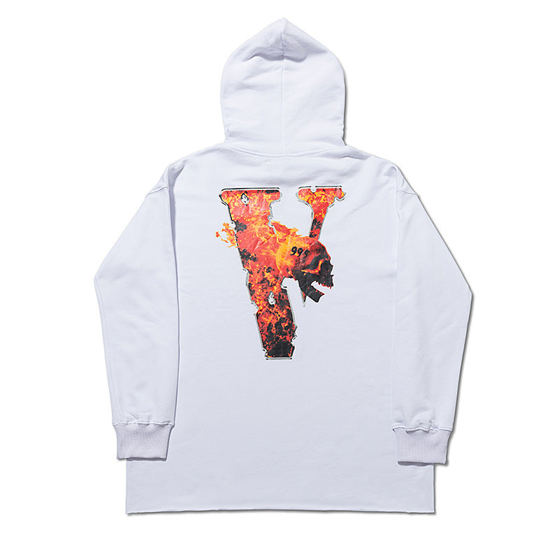 Vlone Hoodie Flame Skull Large V Print Loose Hip Hop Men'S And Women'S Hoodie