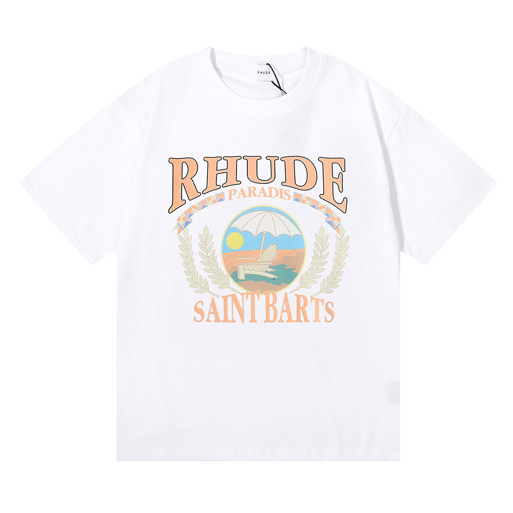 Rhude T Shirt Wheat Ear Sunset Beach Pattern Printed Short Sleeve T-Shirt
