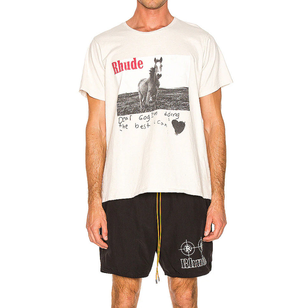 Rhude T Shirt Micro Label Alphabet Horse Print Short Sleeve T-Shirt