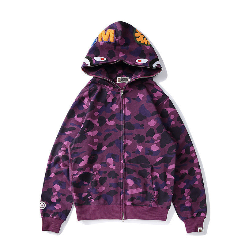Bathing Ape Autumn and Winter Men's and Women's Pure Cotton Shark Head 3D Camouflage Printing Brushed Hoody Hoodie