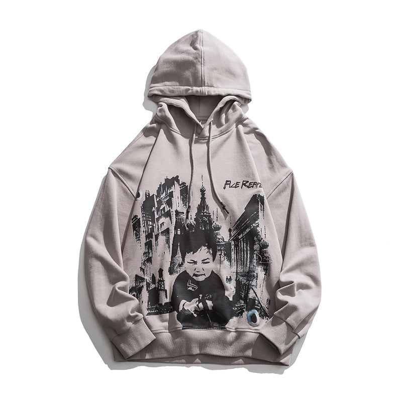 Man Fall Outfis Autumn Hip Hop Printed Hoodie Loose Top