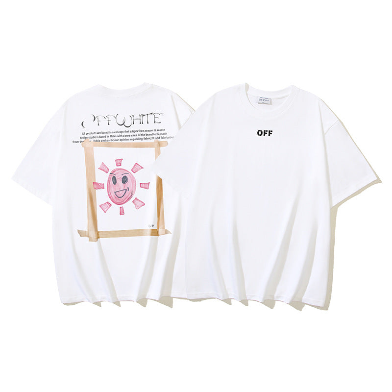 Off White T Shirts OW Sun Moon Print Crew Neck Pullover Short Sleeves