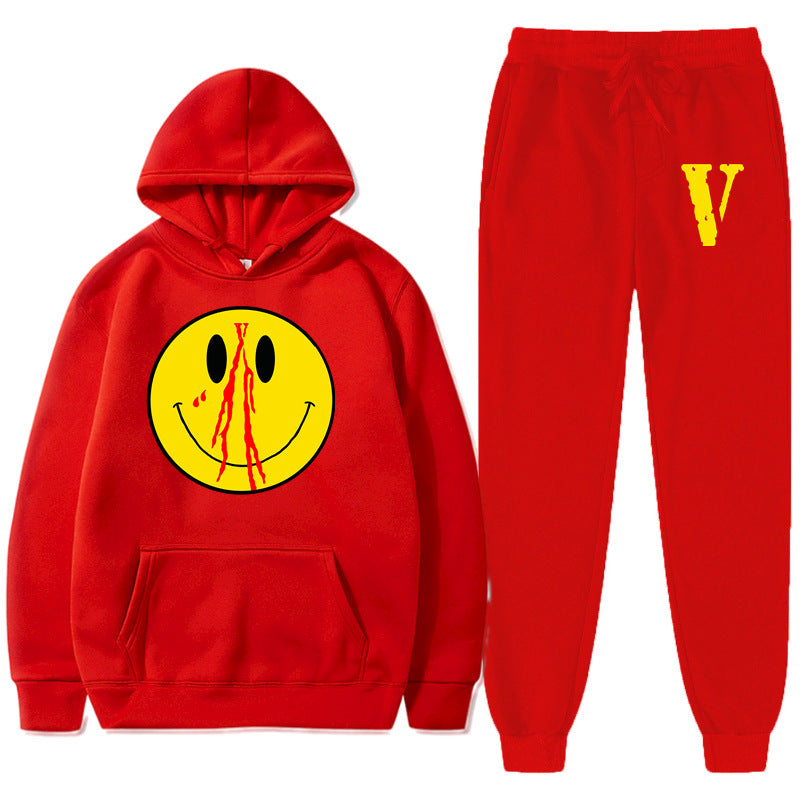 Vlone Hoodie & Pants 2 Piece Men'S Spring And Autumn Print Smiley Pullover Sweater