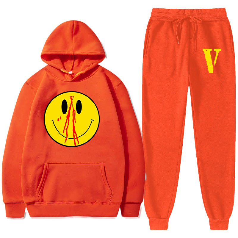 Vlone Hoodie & Pants 2 Piece Men'S Spring And Autumn Print Smiley Pullover Sweater